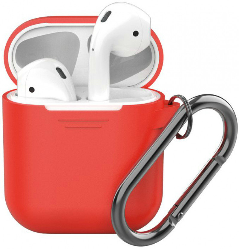 Чехол силиконовый для наушников Apple AirPods с карабином красный