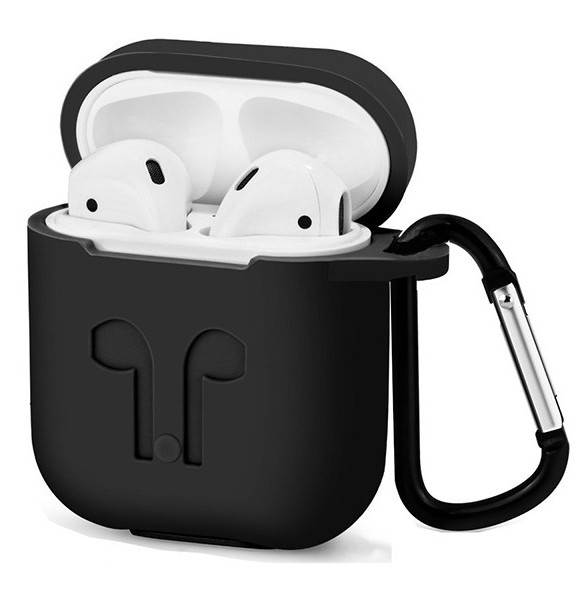 Чехол силиконовый для наушников Apple AirPods с карабином черный