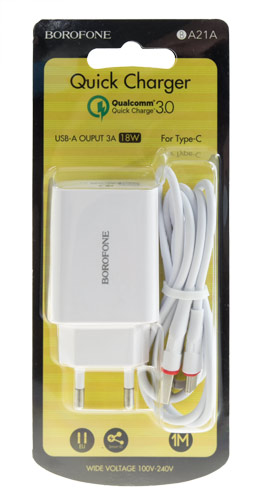 СЗУ BOROFONE BA21A 1USB 3A Quick Charge+кабель Type-C