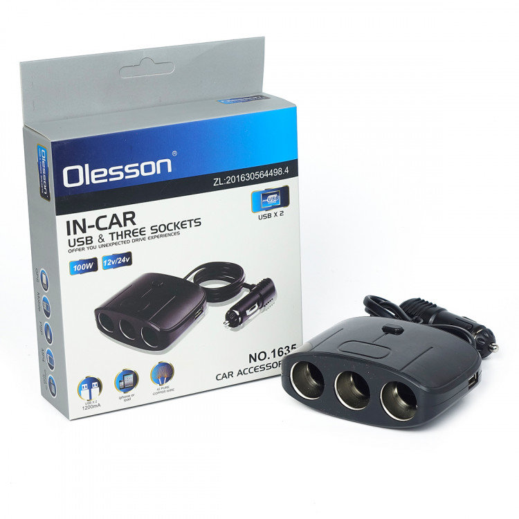 Автомобильный разветвитель прикуривателя Olesson 1635 (3 USB) (черный)