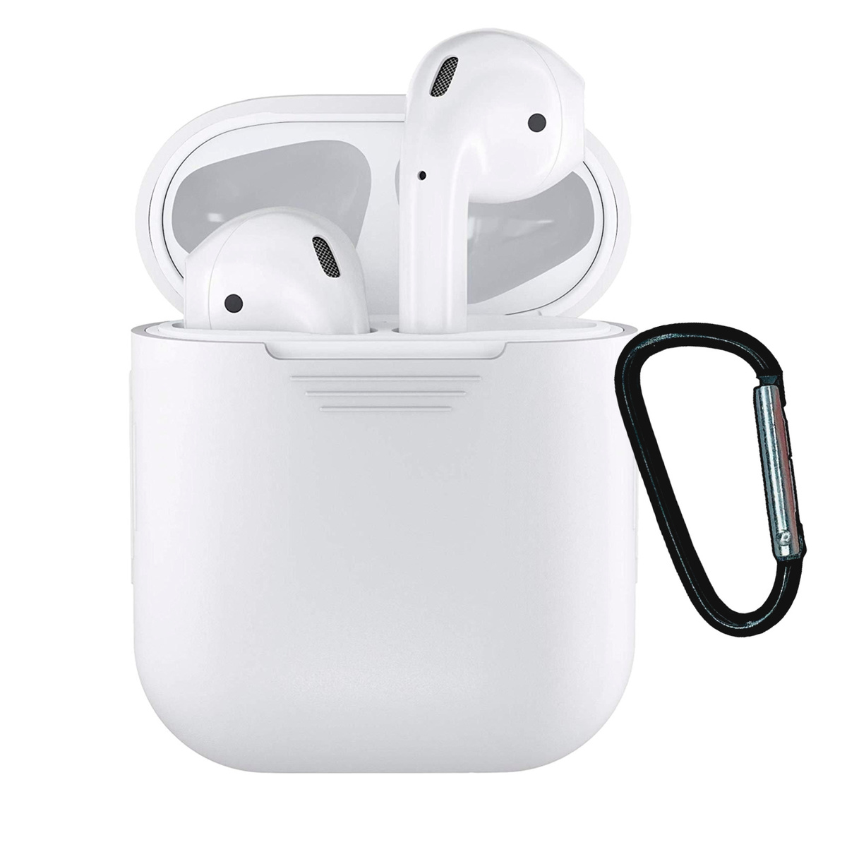 Чехол силиконовый для наушников AirPods 1/2 с карабином белый