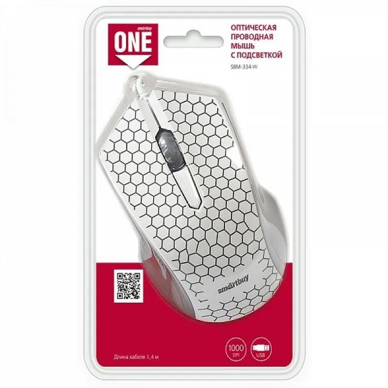 Мышь проводная SmartBuy 334 One, 3 кн, 1000 DPI, (белая)