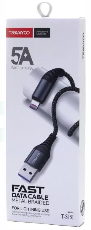 USB кабель Lightning  Tranyoo S15 1m 5A (тканевый)