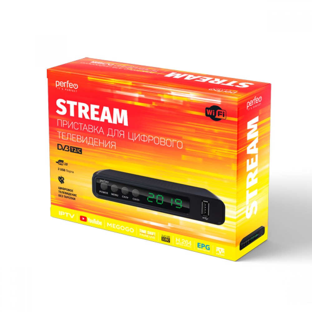 ТВ Ресивер DVB-T2/C Perfeo "STREAM" (Wi-Fi, IPTV, 2 USB, HDMI)