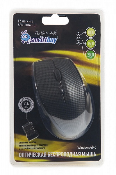 Мышь беспроводная SmartBuy 601AG, USB,опт.,5кн., 1000-2000dpi, серый/карбон