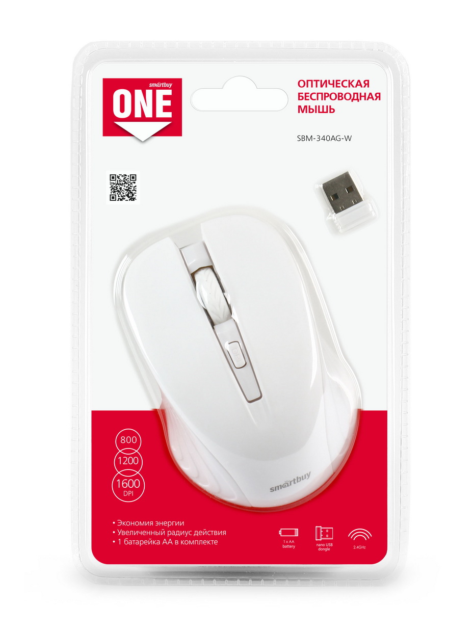 Мышь беспроводная SmartBuy 340AG One, USB, опт.,4кн., 800-1600dpi, белый
