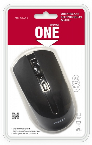 Мышь беспроводная SmartBuy 342AG-K One, USB, опт.,4кн., 800-1600dpi, черный