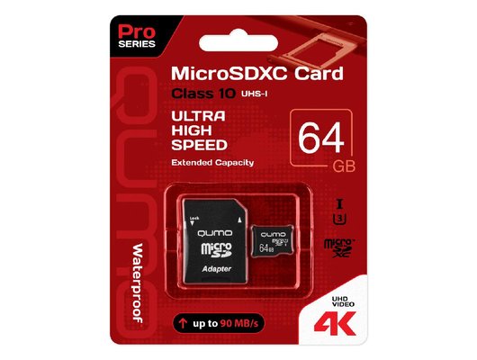 Карта памяти Qumo micro SD 64Gb class 10 UHS-I U3, seria 3.0 (с адаптером)