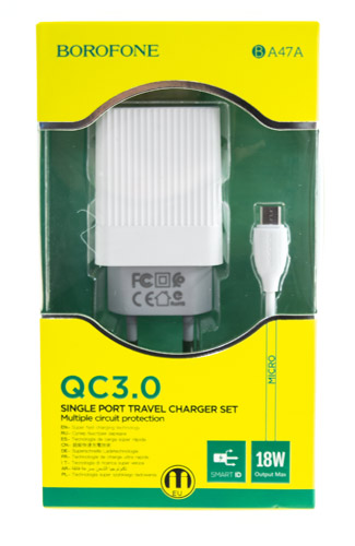 СЗУ BOROFONE BA47A+кабель Micro USB 1м (USB/3A/QC 3.0)