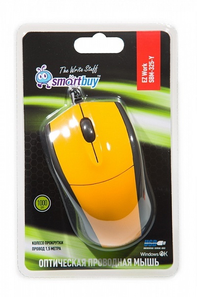 Мышь проводная SmartBuy 325, USB, пров.,опт.,3кн., 1000dpi, желтый