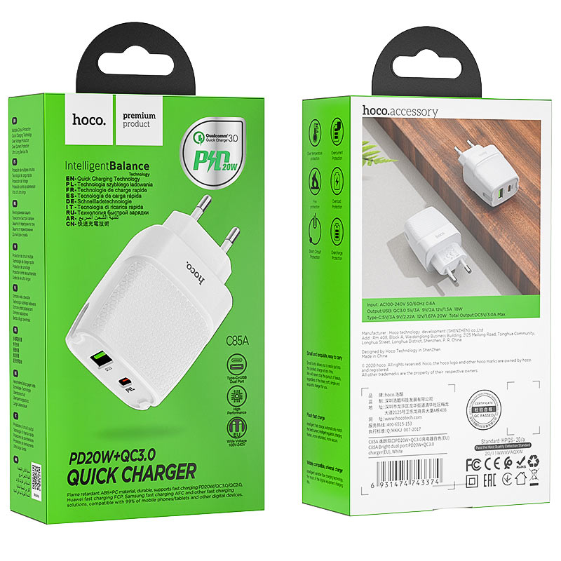 СЗУ HOCO C85A Bright 1USB,1Type-C/5V/3A PD20W+QC3.0 (white)