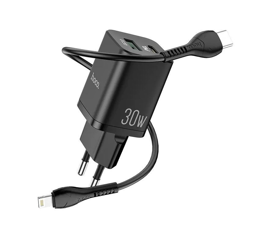 СЗУ HOCO N13 1USB, 1Type-C, 5V, 3A PD30W, QC3.0 +Type-C-Lightning (black)