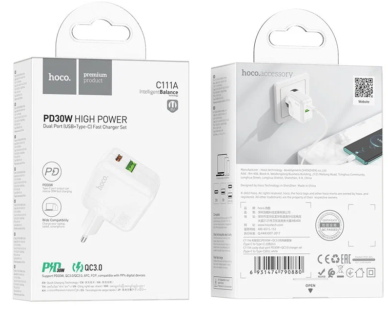 СЗУ HOCO C111A 1USB, 1Type-C, PD30W, QC3.0, 3A (White)