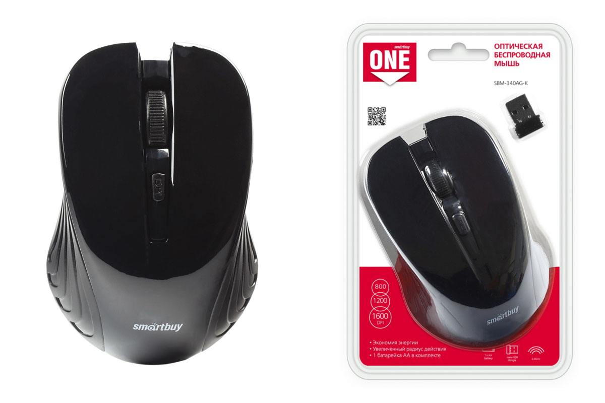 Мышь беспроводная SmartBuy 340AG One, USB, опт.,4кн., 800-1600dpi, черный