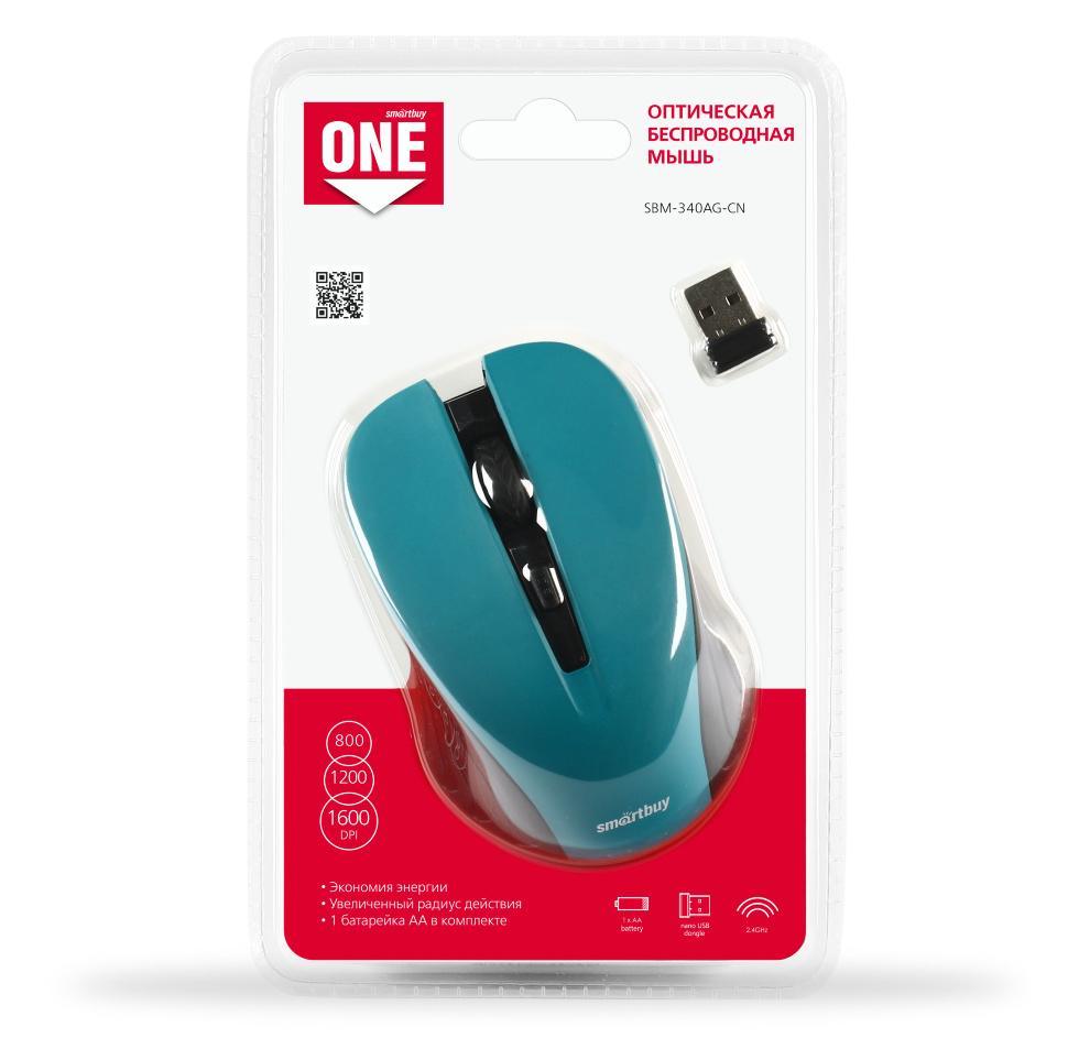Мышь беспроводная SmartBuy 340AG One, USB, опт.,4кн., 800-1600dpi, бирюзовый