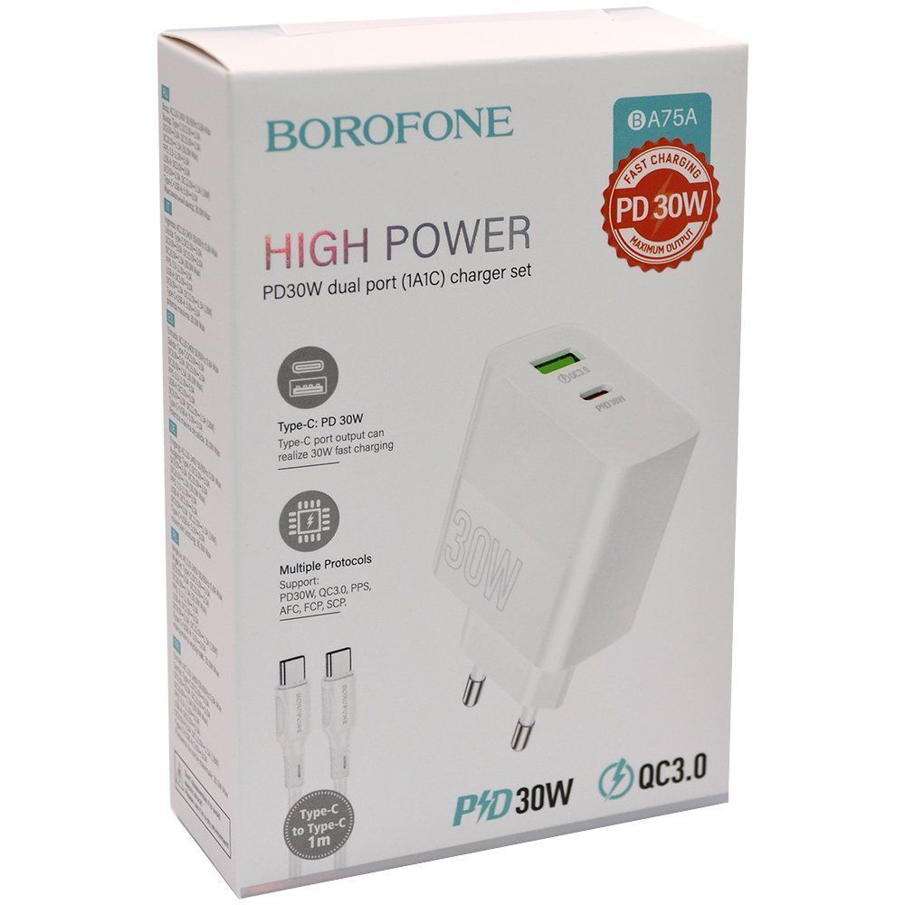 СЗУ BOROFONE BA75A 1USB, 1Type-C, 3A PD30W, QC3.0, Type-C/Type-C 1m, белый