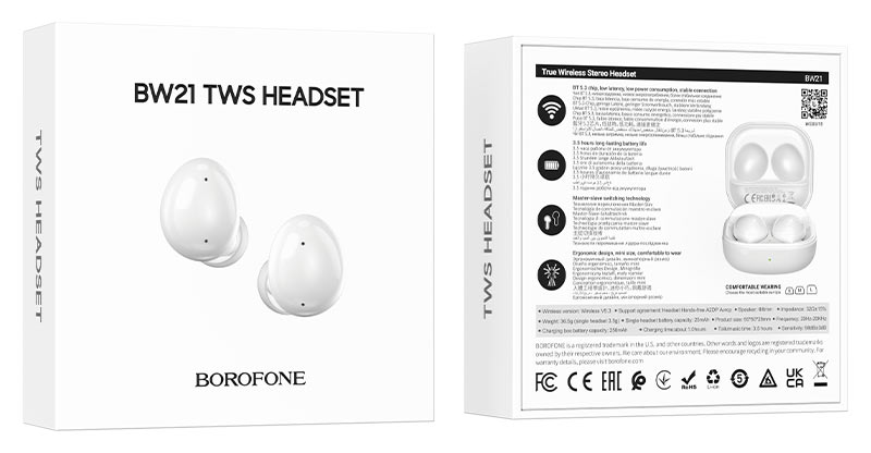 Bluetooth-наушники BOROFONE BW21 вакуумные TWS (White)